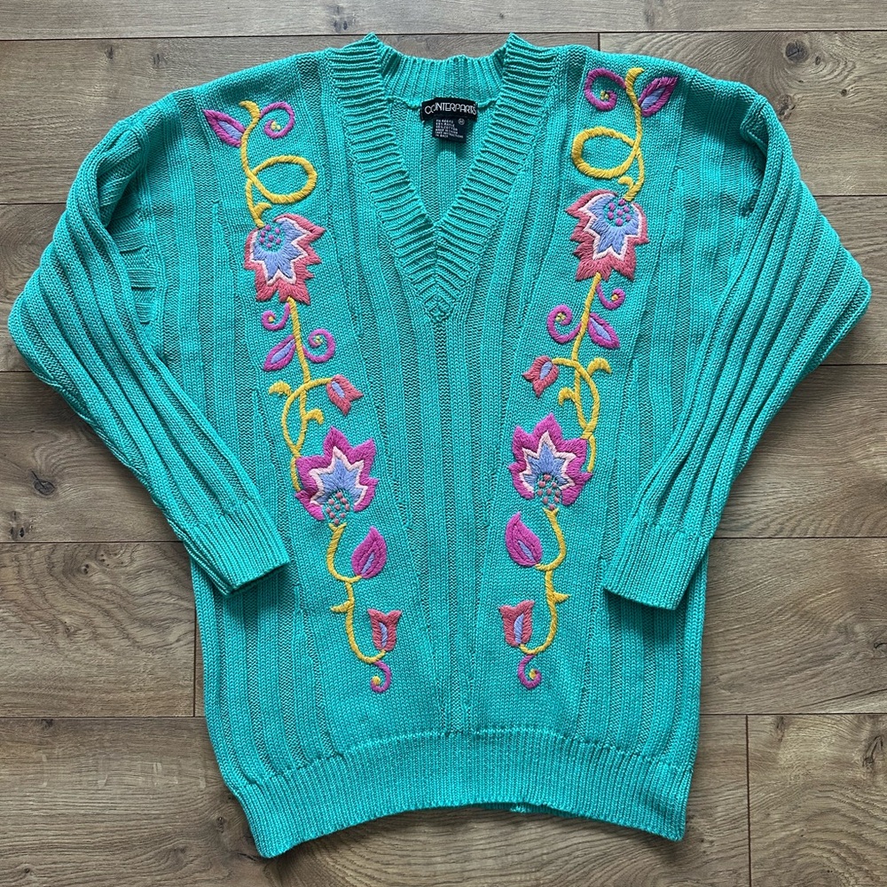 Vintage Counterparts Embroidered Sweater | Teal Floral Knit | Size Medium